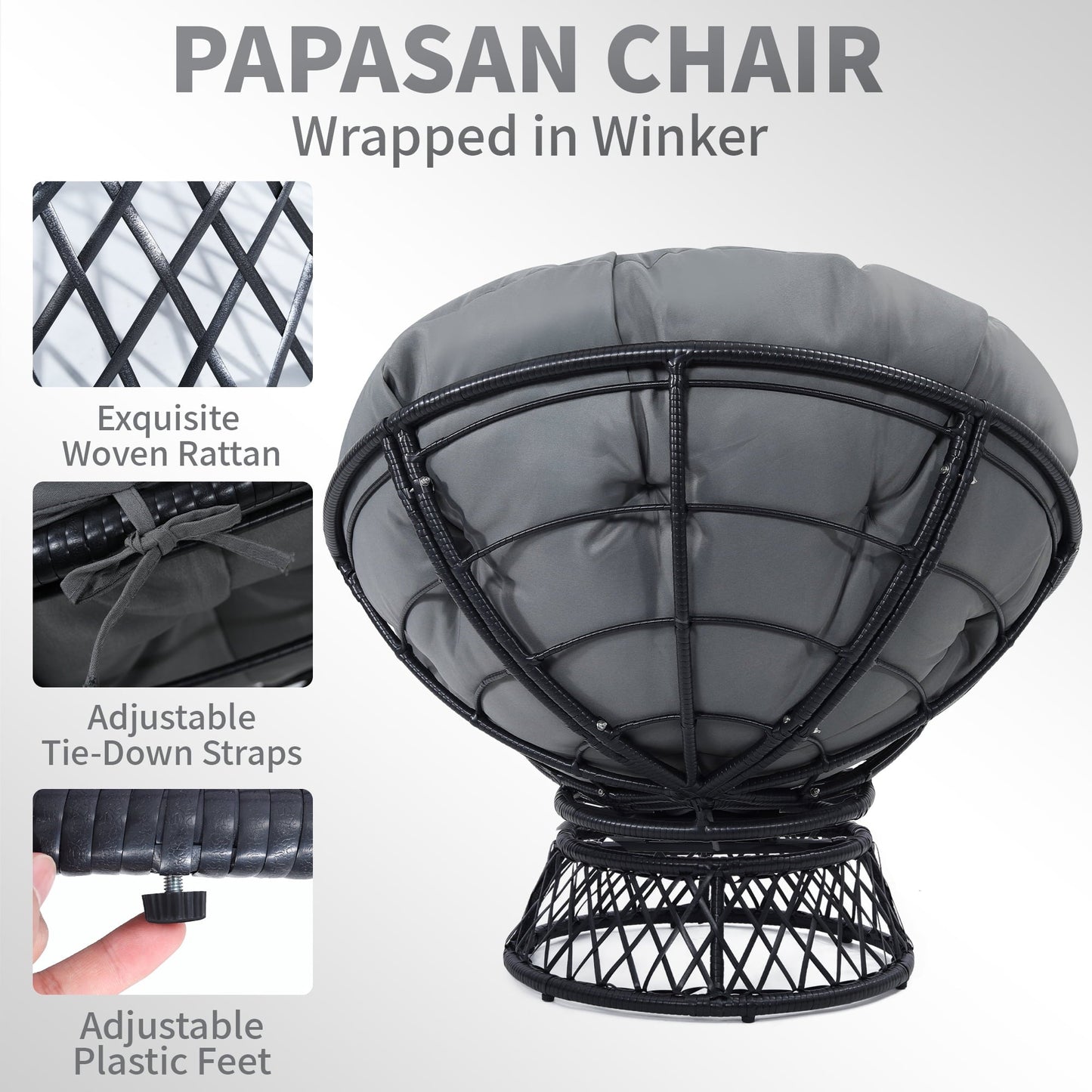 Melocadol Oversized 46" Papasan Chair, Fluid 360° Swivel with Cushion, Durable Frame for Indoor & Outdoor, Black Frame with Dark Grey Cushion