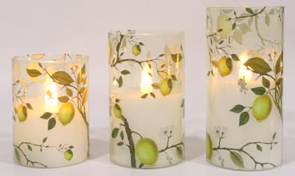 Flameless LED Candles with Remote Lemon Decal Glass Flickering Battery Operated Candles for Home Room Party Wedding Holiday Summer Decor - Set of 3