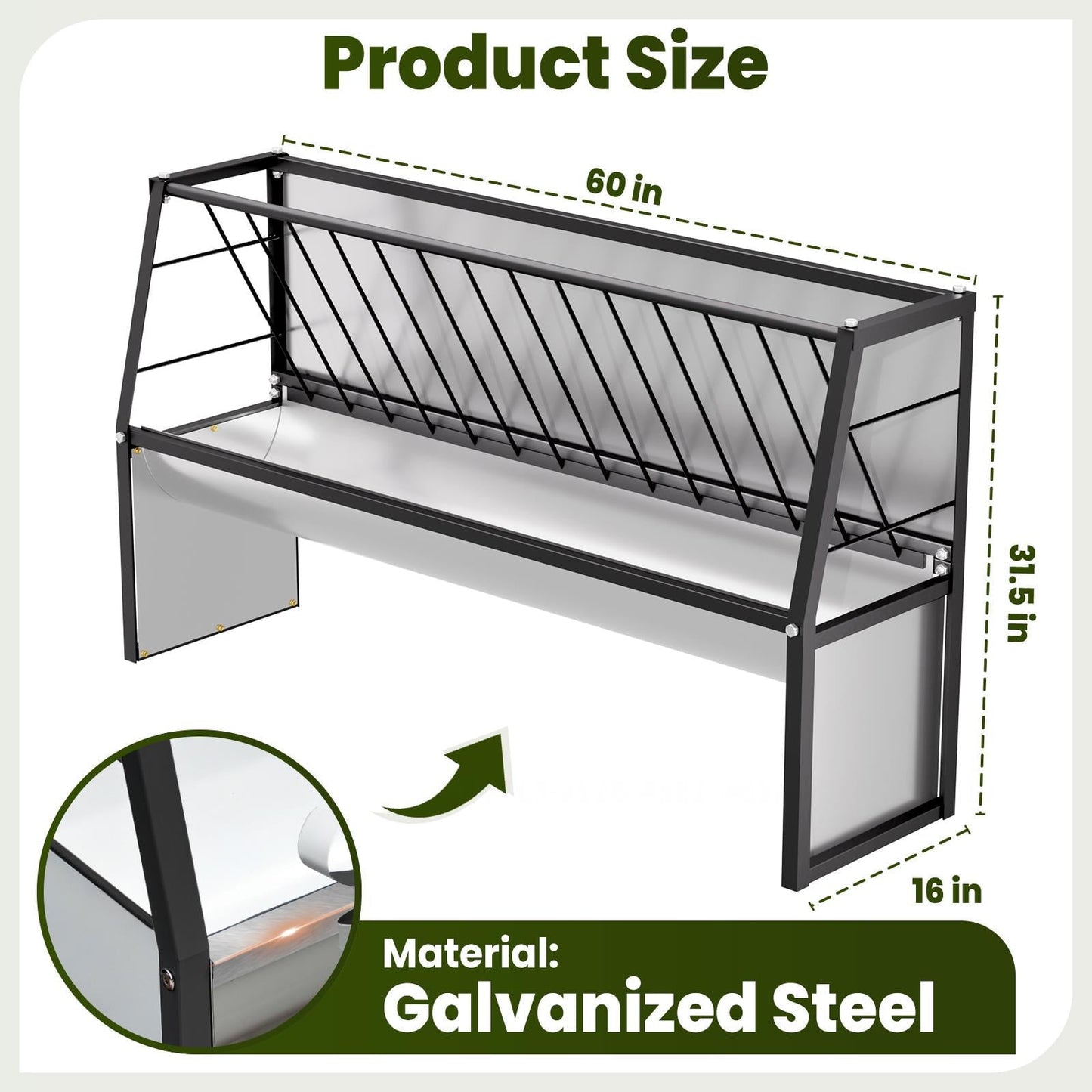 60 Gallon Feeder, Heavy Duty Galvanized Steel Livestock Hay Feeder, Weather - Resistant for Goats, Cows, Ponies in Outdoor Pasture, Farm, Grazing Yard