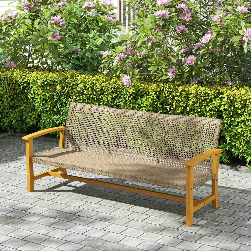 YYAo Patio Couch, Outdoor Sofa,3-Seat Wicker Outdoor Couch Patio Sofa, Acacia Wood Patio Furniture with Steel Seat Armrests, Teak