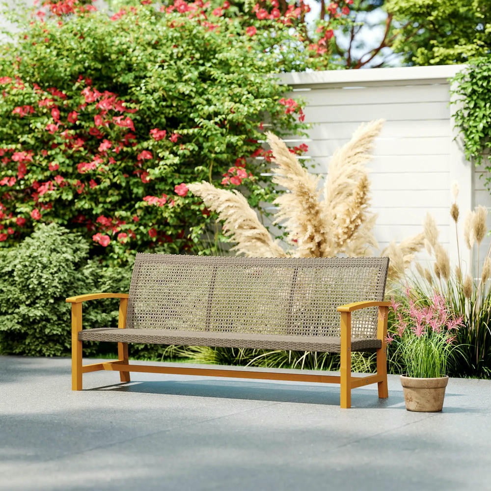 GVN Outdoor Couch Patio Sofa,3-Seat Wicker Outdoor Couch Patio Sofa, Acacia Wood Patio Furniture with Steel Seat Armrests, Teak