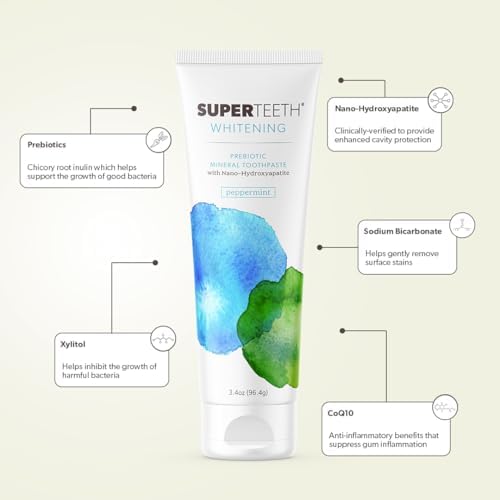 SuperTeeth Whitening Nano Hydroxyapatite (nHAp) Toothpaste for Adults & Kids | Sodium Bicarbonate | Fluoride-Free | Remineralizing | Xylitol | CoQ10 | Prebiotic | Mint | SLS-Free | Made in USA