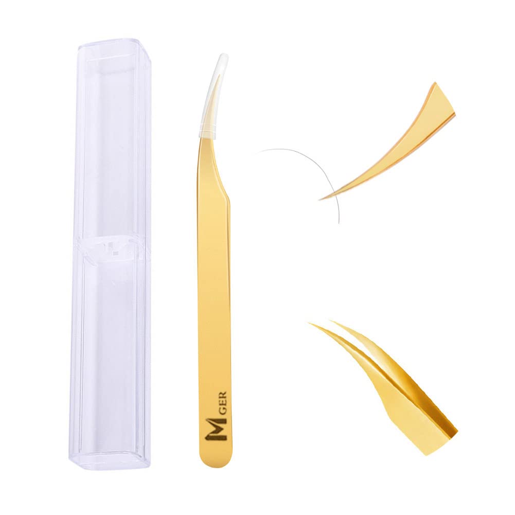 Mger Lash Tweezers For Eyelash Extensions, Hand Calibrated Dolphin-Shaped Tip, False Lash Application Tools, Gold