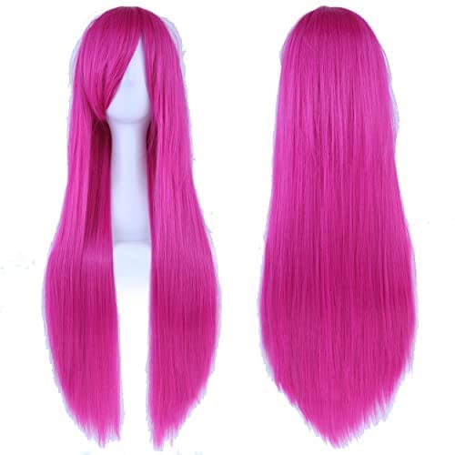 Imissu 80Cm Long Straight Natural Hair Cosplay Wigs With Bangs Colorful Halloween Costume Party Wig For Girl (Rose)