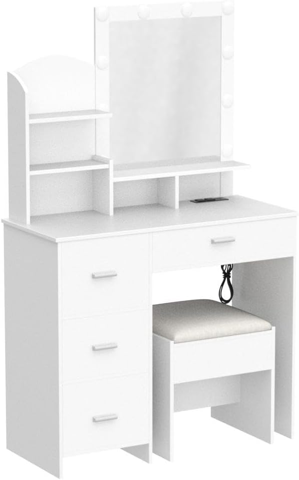 Quimoo Makeup Vanity with 10 Light Bulbs and Charging Station, Vanity Desk with Lighted Mirror & 4 Drawers, Vanity Table Set with Cushioned Stool, White