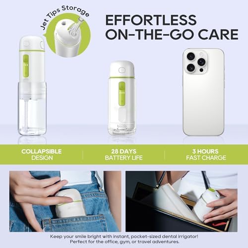 Water Flosser Portable for Travel - Mini Water Flosser with 3 Modes, IPX7 Waterproof, 360° Nozzles, Cordless Water Dental Flosser for Teeth Cleaning Flossing for Adults, Braces & Sensitive Gums