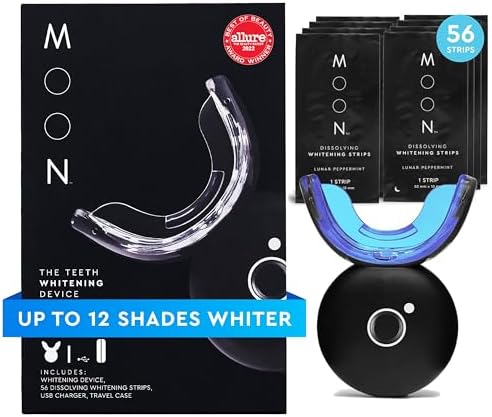 MOON LED Teeth Whitening Kit - Gentle Teeth Whitener Device, 56 White Strips, USB Charger & Travel Case - Blue Light Whitening Tray Removes Stains & Whitens Up to 12 Shades in 2 Weeks (4 Piece Kit)