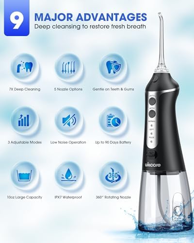 Water Dental Flosser, Portable Oral Irrigator with 10OZ Water Tank, 7X Deep Cleaning, 5 Nozzle Options, IPX7 Waterproof, Travel-Friendly