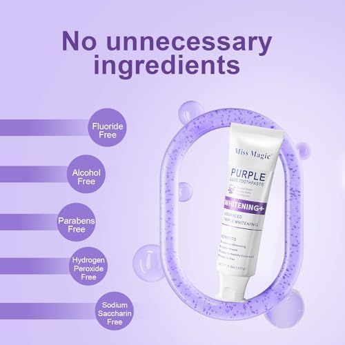 Miss Magic Purple Luxe Whitening Toothpaste – Fluoride Free,Color Correcting,Probiotic Oral Care,Fights Stains,Freshens Breath,Brightens Yellow Teeth,Supports Enamel Health 4.3oz