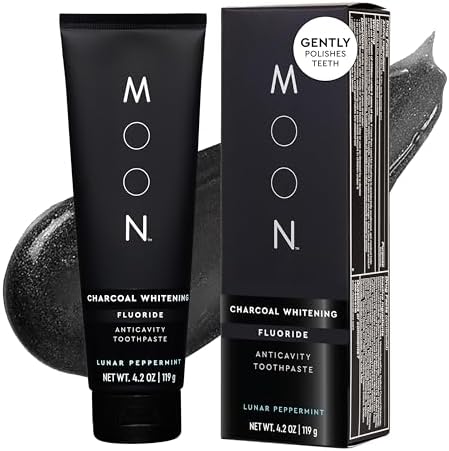 MOON Charcoal Toothpaste, Whitening Stain Removal with Cavity Protection - SLS Free Teeth Whitening Toothpaste with Fluoride - Vegan - Reduce Plaque & Support Gum Health - Peppermint (4.2 Oz)