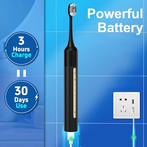 Sonic Electric Toothbrush with 10 Brush Heads for Adults and Children, Up to 30 Days on a Single Charge, 5 Modes, Built-in 2-Minute Smart Timer, IPX8 Waterproof Electric Toothbrush (Black)
