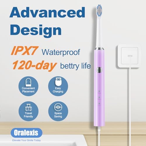 Electric Toothbrush for Adults and Kids, with Tongue Scraper and 8 Brush Heads, One Fast Charge Last 120 Days, 40000 VPM Deep Clean, Sonic Travel Toothbrush - Purple
