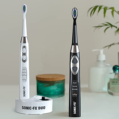 Duo Rechargeable Electric Toothbrush Set - with 14 Brush Heads, 3 Modes, Smart Auto-Timer, Charging Dock Holder - Dual Handle Electric Tooth Brush for Adults & Kids, Black and White