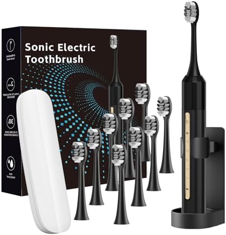 Sonic Electric Toothbrush with 10 Brush Heads for Adults and Children, Up to 30 Days on a Single Charge, 5 Modes, Built-in 2-Minute Smart Timer, IPX8 Waterproof Electric Toothbrush (Black)