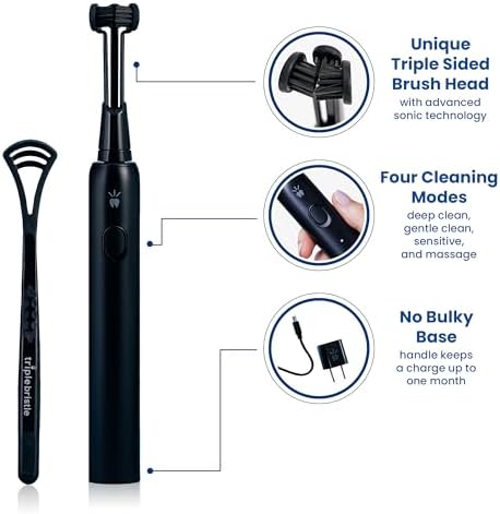 Triple Bristle Max Sonic | 3 Sided Toothbrush w/ 4 Modes | Dentist Created & Approved | Soft Charcoal Infused Nylon Bristles | Rechargeable & Waterproof