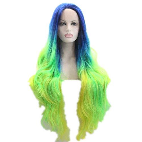 Xiweiya Green Yellow Ombre Synthetic Lace Front Wig With Blue Roots Mixed Multi-Colored Blue 13 * 3 Lace Front Wig With Yellow T