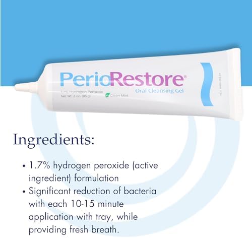 Perio Restore® Gel 3 Ounce Tube; 3 Pack. 1.7% Hydrogen Peroxide Oral Cleansing Treatment Gel. Includes Two (2) Trays for Ease of Application. Mint Flavor