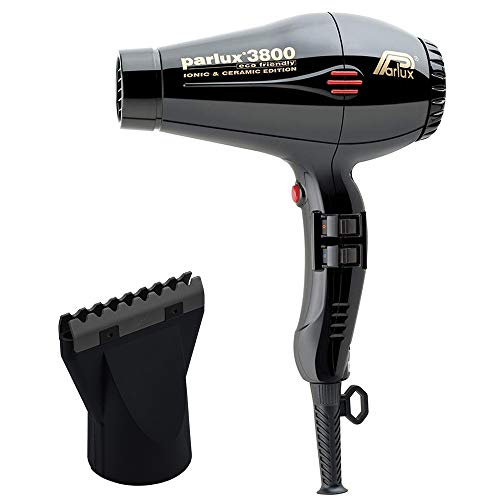 Parlux 3800 Eco Friendly Ionic and Ceramic Black Hair Dryer and M Hair Designs Hot Blow Attachment Black (Bundle 2 Items)