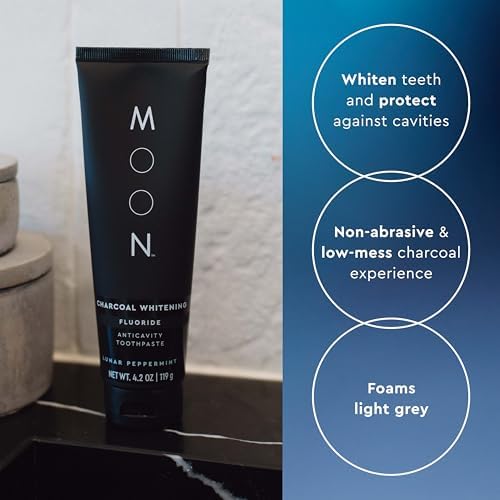 MOON Charcoal Toothpaste, Whitening Stain Removal with Cavity Protection - SLS Free Teeth Whitening Toothpaste with Fluoride - Vegan - Reduce Plaque & Support Gum Health - Peppermint (4.2 Oz)