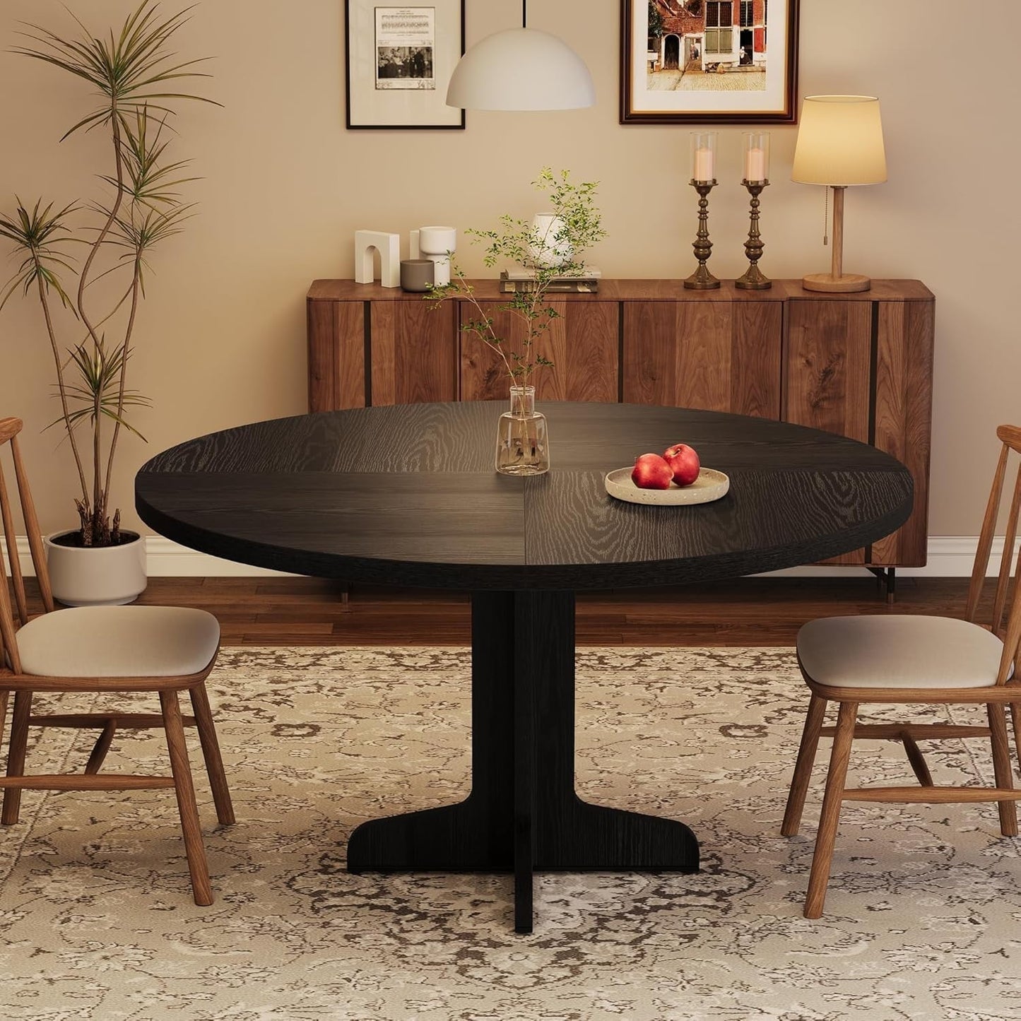 Round Dining Table for 4, 47 in Rustic Kitchen Table with Wooden Base, Sturdy Metal Frame, Multifunctional Design, Easy Assembly for Dining Room, Living Room, Farmhouse Decor