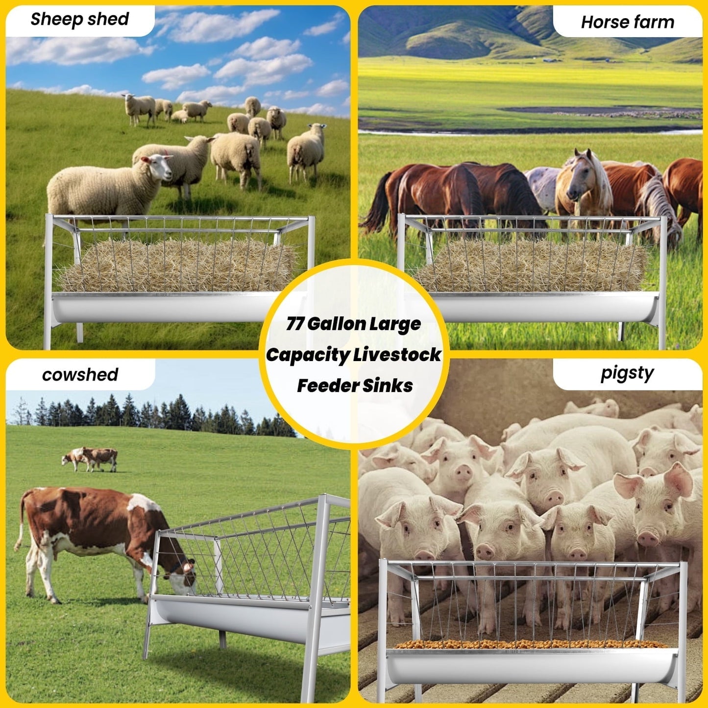 Large 77 Gallon Goat Hay Feeder - 2-in-1 Galvanized Steel Livestock Feeder for Horses, Sheep & Farm Animals - Heavy Duty Spill-Proof Design