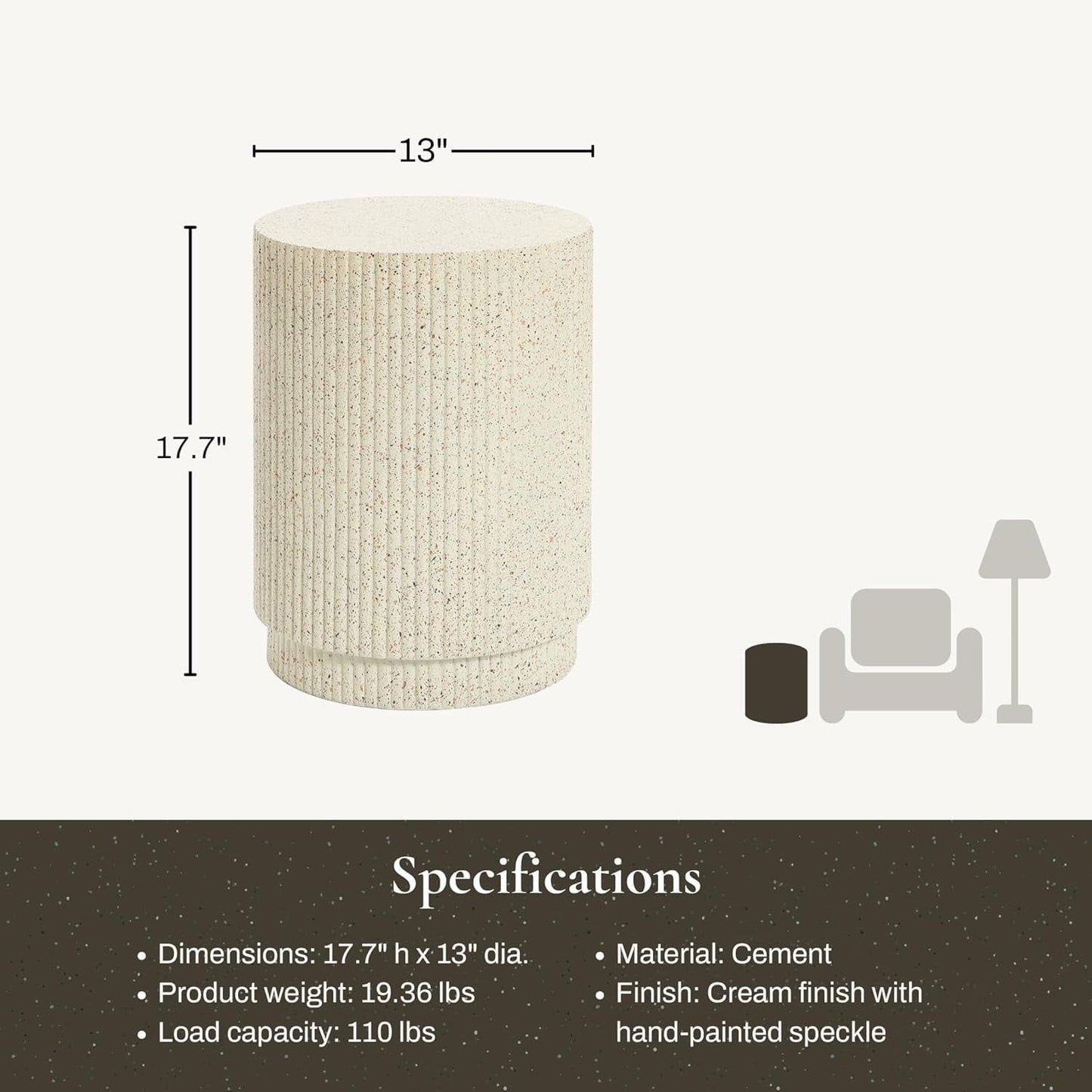LuxenHome Cream Cement Round Outdoor Side Table, End Tables for Patio, Garden Small Accent Decorative Stool,  Stand Drum Table Indoor and Outdoor