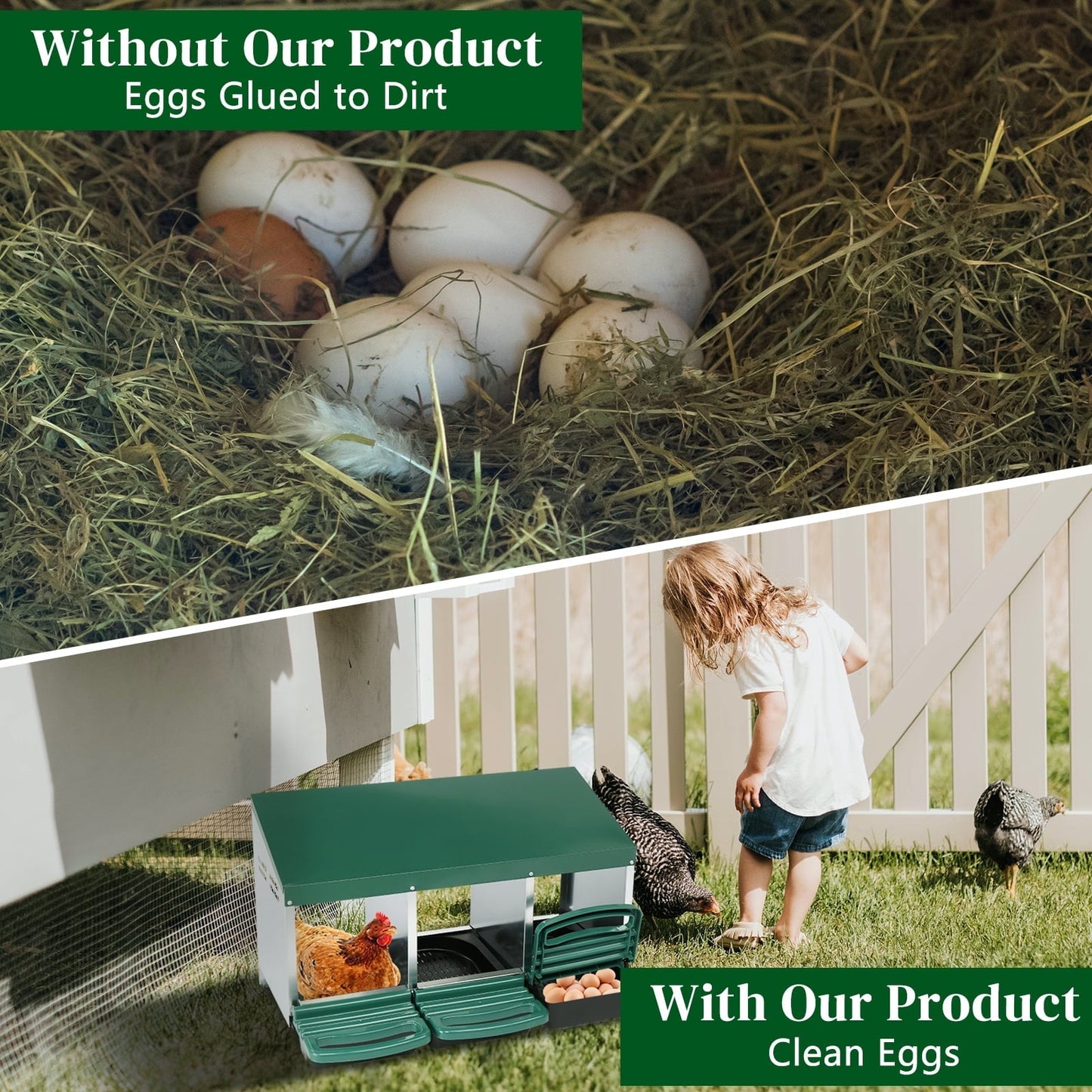 XILE Chicken Nesting Boxes for Laying Eggs, 3-Compartment Roll-Away Nesting Boxes for Chickens Coop with Perch, Hens, Ducks & Other Poultry,Green