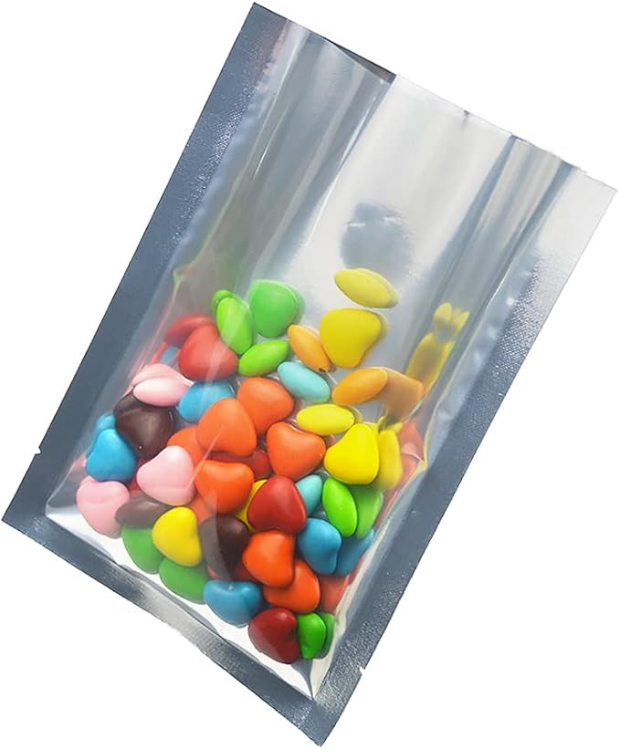 Silver Aluminum Foil Pouch Heat Seal Front Window Plastic Mini Open Top Flat Vacuum Packaging Mylar Bag Food Small Sample Mylar Storage with Tear Notch (1000, 1.9x2.7 inch)
