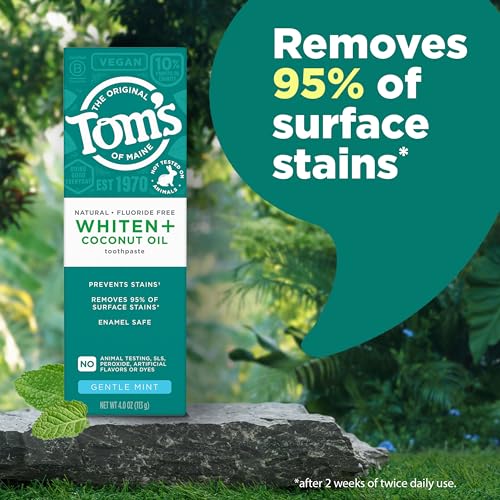 Tom's of Maine Whiten Plus Coconut Oil Fluoride Free Toothpaste, Natural Whitening Toothpaste with Plant-Based Cleansers, Whitens Without Causing Sensitivity, Gentle Mint, 4.0 Oz (Pack of 3)