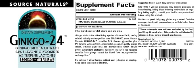 Source Naturals Ginkgo-24 - Ginkgo Biloba Extract 120 mg Supports Mental Acuity - 60 Tablets