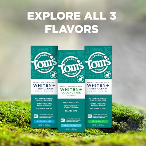 Tom's of Maine Whiten Plus Coconut Oil Fluoride Free Toothpaste, Natural Whitening Toothpaste with Plant-Based Cleansers, Whitens Without Causing Sensitivity, Gentle Mint, 4.0 Oz (Pack of 3)