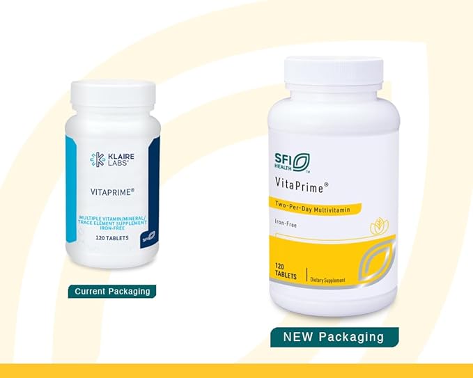 Klaire Labs SFI Health VitaPrime - Iron Free Multivitamin for Women & Men - Promote Immune Function & Support Nutritional Gaps - Two-Per-Day Multivitamin with Methyl Folate & B12 (120 Capsules)