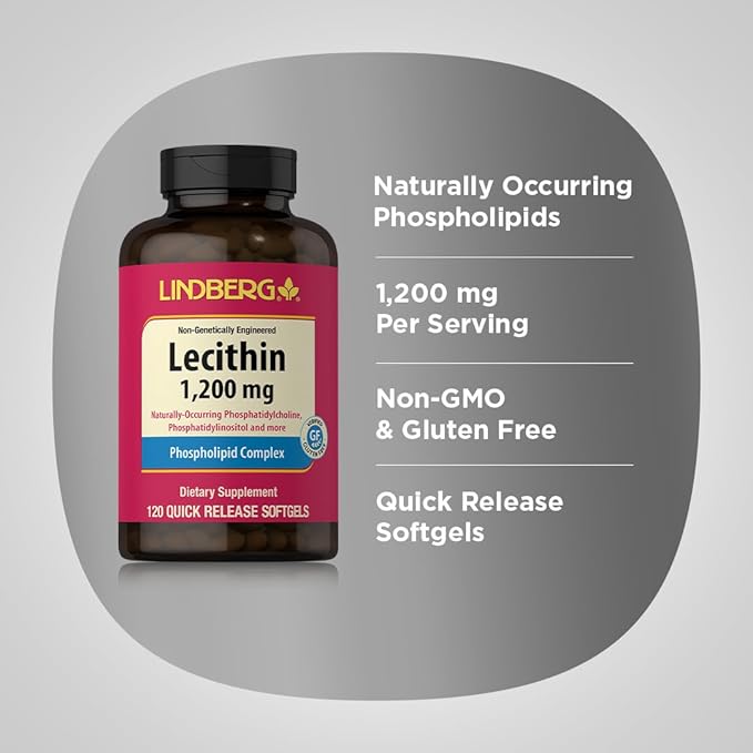 Lindberg Lecithin 1200mg Supplement | for Men & Women | 120 Softgel Capsules | Phospholipid Complex | Non-GMO, Gluten Free