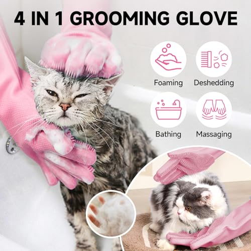 KUEIOX Dog Washing Gloves - Quick Drying Dog Towel,Cat Bath Grooming Gloves Brush with High-Density Teeth for Bathing Massaging，Absorbent Pet Bath Towel 30.3"x13.8" with Hand Pocket for Dog Cat Pink