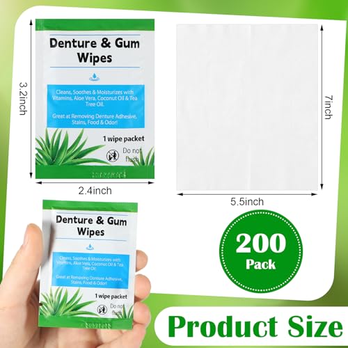 Timgle 200 Pcs Denture Cleaning Wipes Refreshes Gums Deep Cleaning Wipes for Remove Denture Adhesive, Food Debris, Stains and Odor