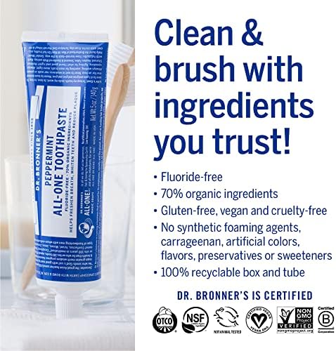 Dr. Bronner’s - All-One Toothpaste Variety Pack - Peppermint & Spearmint, 70% Organic Ingredients, Fluoride-Free, Helps Freshen Breath, Vegan (5oz, 2-Pack)