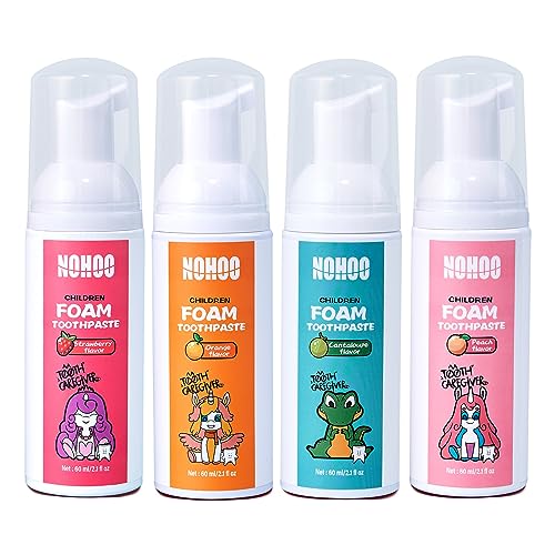 NOHOO Fluoride Free Foam Toothpaste Kids Fruit Flavour,Natural Training Toothpaste for Baby Toddler Children Oral Cleaning and Cavity Protection Strawberry Orange Peach Cantaloupe