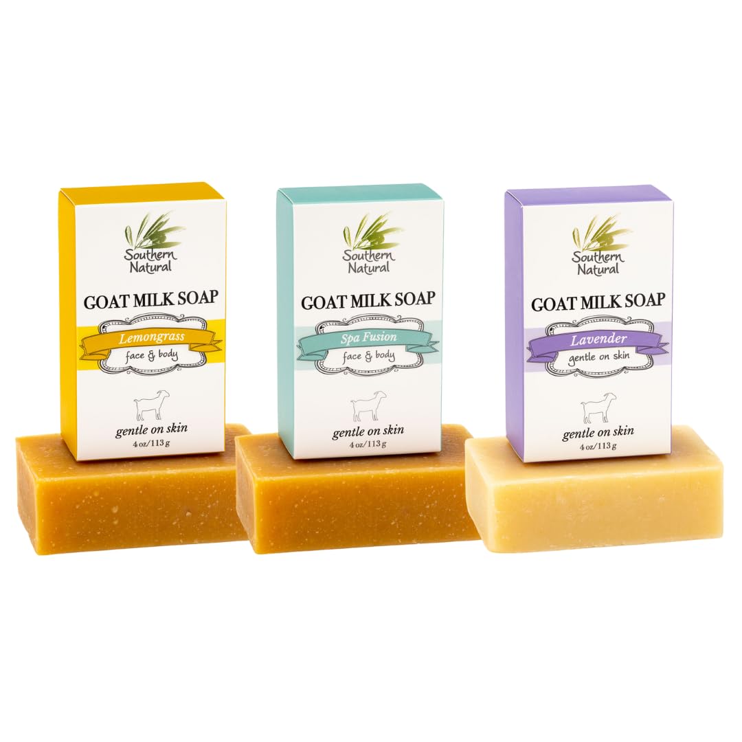 Southern Natural Goat Milk Soap Bar (Variety 3 Pack) Lavender, Lemongrass, Spa Fusion - For Dry Sensitive Skin. Natural Handmade