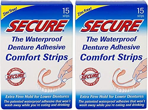 Secure Denture Adhesive Strips - Zinc Free - Waterproof - Comfortable Cushion Fit for Uppers & Lowers - Extra Firm All-Day-Hold - No Mess - Clean Ingredients - 30 Strips (2 Pack)