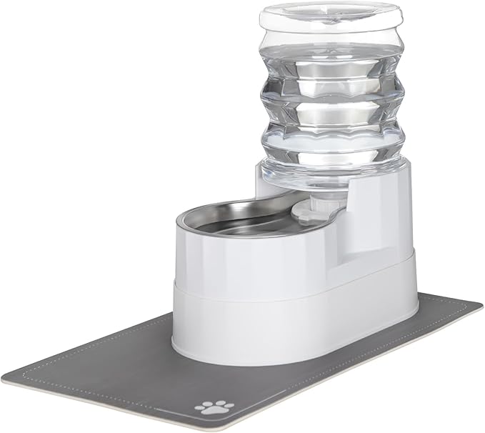 Sfozstra Automatic Gravity Water Dispenser: 5L White Stainless Steel Pet Bowl Waterer with Waterproof Pad - Raised Edge Water Feeder for Cats & Small Dogs Indoor/Outdoor