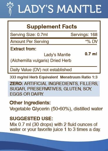 Secrets of the Tribe Lady's Mantle Tincture Alcohol-Free Liquid Extract, Lady's Mantle (Alchemilla vulgaris) Dried Herb (4 FL OZ)