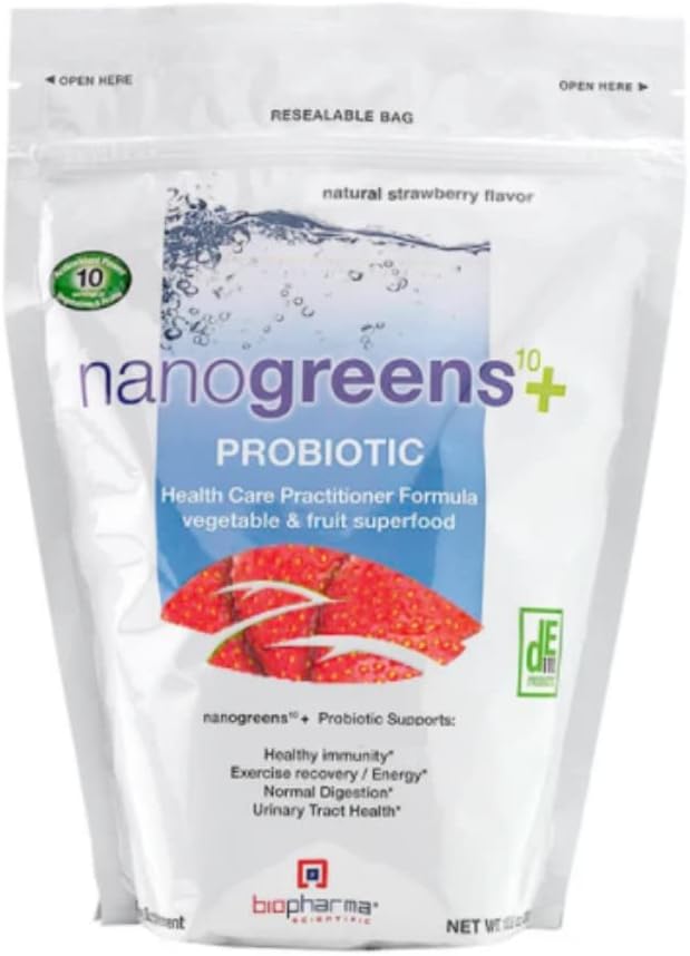 Biopharma Scientific Nanogreens+Probiotic: Greens Superfood Fruit & Vegetable Powder Smoothie Mix & 5 Billion Probiotics for Digestive Health with Spirulina, Chlorella, Strawberry Flavor, 30 Servings