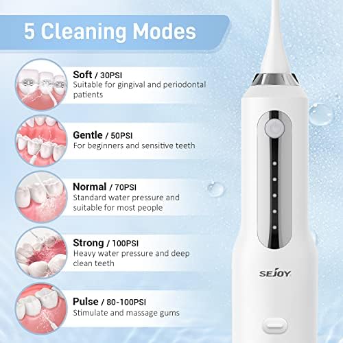 Sejoy Water Flosser, Water Dental Flosser Water Flosser Cordless Rechargeable, Oral Irrigator Rechargeable for Home Travel Office, 270ML IPX7 Waterproof 5 Cleaning Modes and 5 Jet Tips
