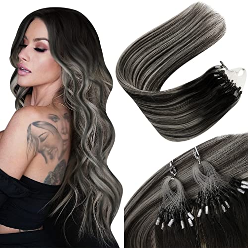 Sunny Hair Micro Beads Hair Extensions Human Hair 50G Micro Loop Hair Extensions Natural Black Balayage Silver Grey Micro Loop H