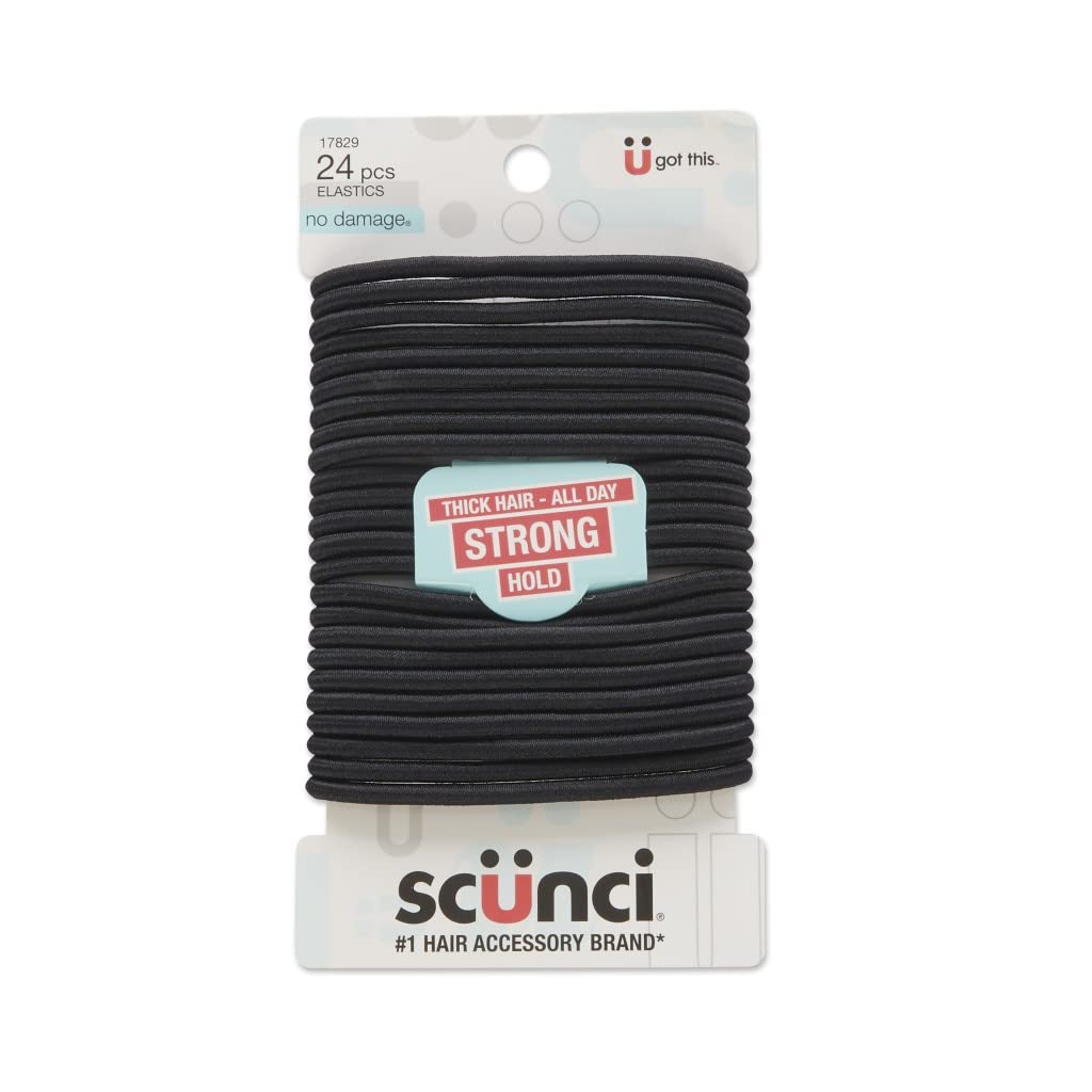 Scunci Effortless Beauty Thick Hair No-Damage Black Elastics, 24 Count