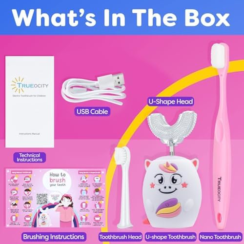 Trueocity Kids U Shape Toothbrush Auto Electric Toddler Rechargeable Kids Automatic Toothbrush | 360° U-Shaped Silicone Brush Head | Gentle Cleaning for Ages 2–7 | Unicorn Design (Pink)