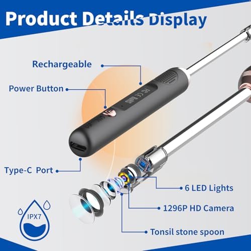 Tonsil Stone Remover with Camera，Tonsil Stone Removal Tool with LED Light，TonsilCleaner for Tonsil Stone Removal，Tonsillolith Removal Tool with 4 Head ，Attachments for iOS & Android (Black and Gold)