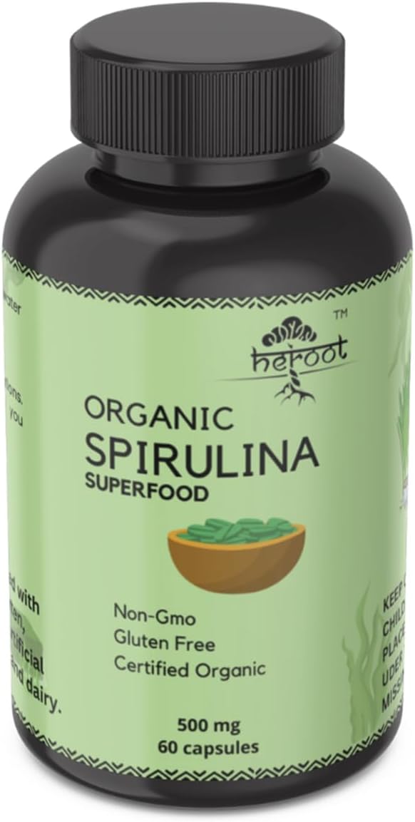 Organic Spirulina Protein Powder Capsules - Vitamins & Minerals for Energy - Vegetarian, Gluten Free 100% Pure Superfood for Optimal Health (60 Capsules)