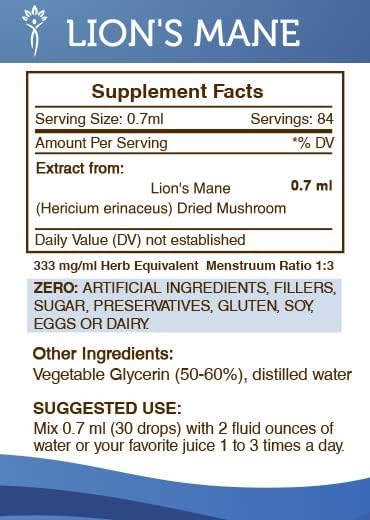 Secrets of the Tribe Lion's Mane Tincture Alcohol-Free Extract, Lion's Mane (Hericium erinaceus) Dried Mushroom (2 fl oz)