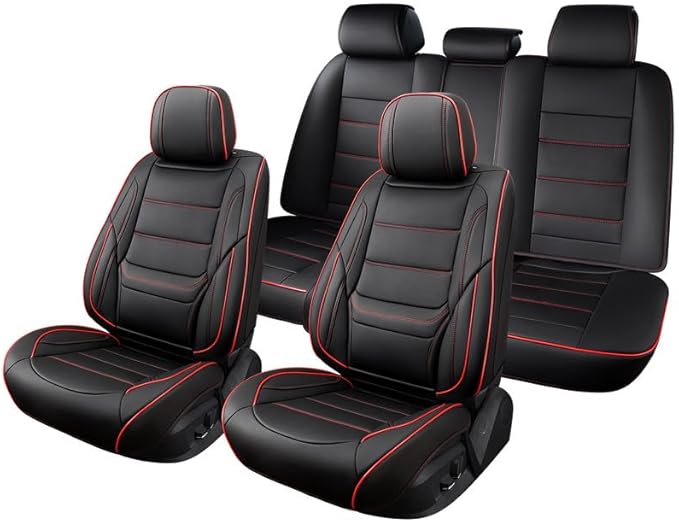 Car Seat Covers Full Set Custom Fit for Pontiac Vibe 2003-2010-Luxury Leather with Lumbar Support, Breathable, Waterproof, Anti-Slip, Durable, Easy to Install (Black&Red,Full Set)